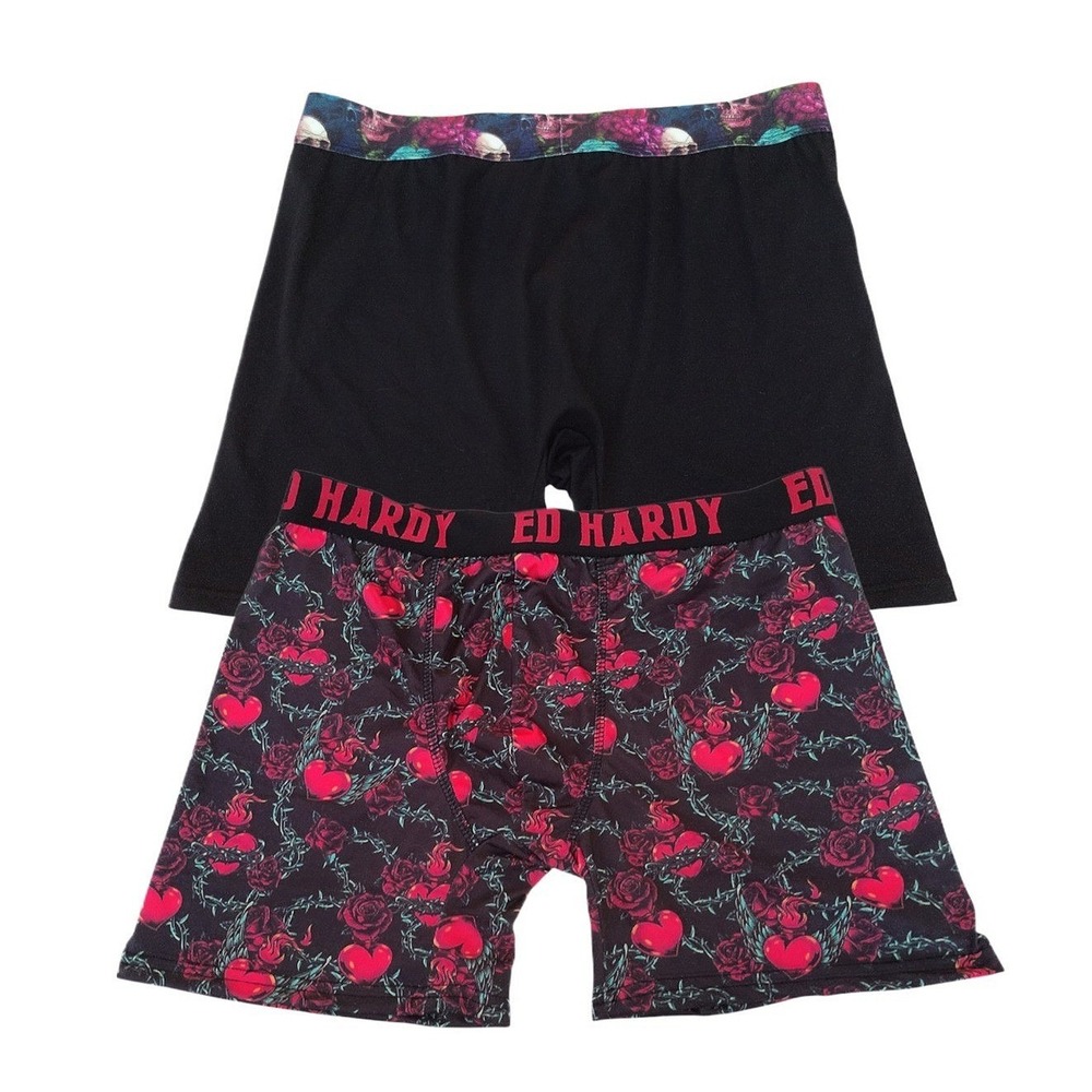2 Ed Hardy Logo Red Roses Heart Thorn Cotton Blend Front Pouch Boxers NWOT